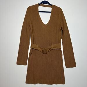 Leith Brown Tan Dale Belted Ribbed Knit Sweater Dress Size Medium
